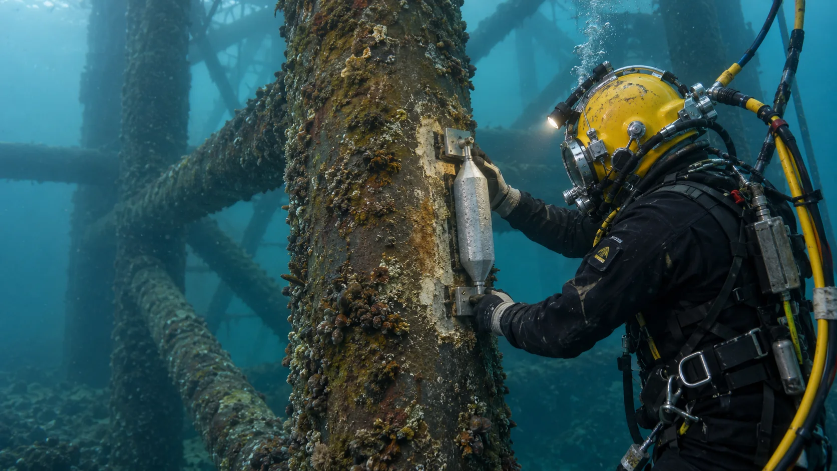 Commercial diver installing a sacrificial anode on a submerged offshore structure